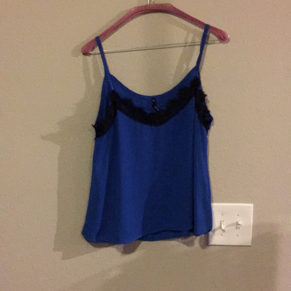 Blue crop top with black lace trim